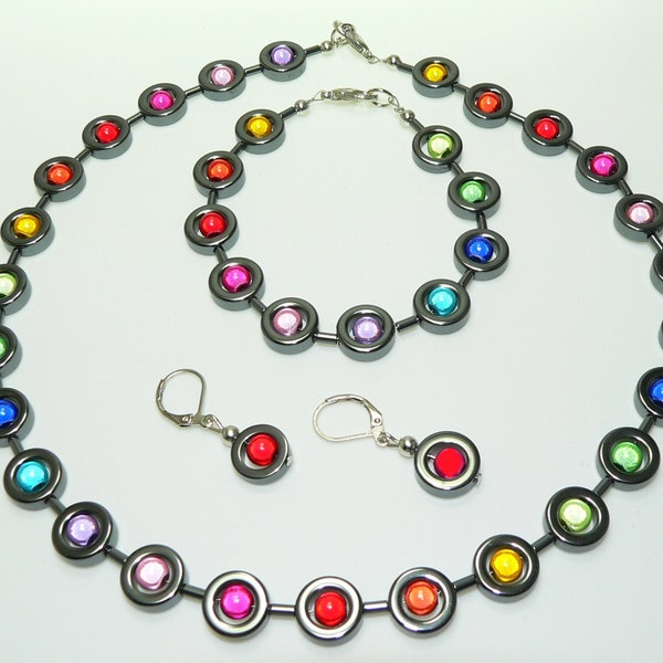 set, schmuck-set, kette, armband, ohrringe, hämatit, hämatin, ringe, glas, perlen, schwarz, bunt