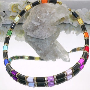 Necklace, choker, collier, necklace, hematite, black, rolling, colorful, multicolored, multicolor, rhinestones, gold,