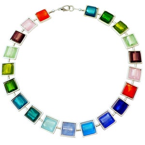 Chain, necklace, necklace, lampwork silver foil squares, metal frame, silver, colorful, red, green, yellow, blue, orange,