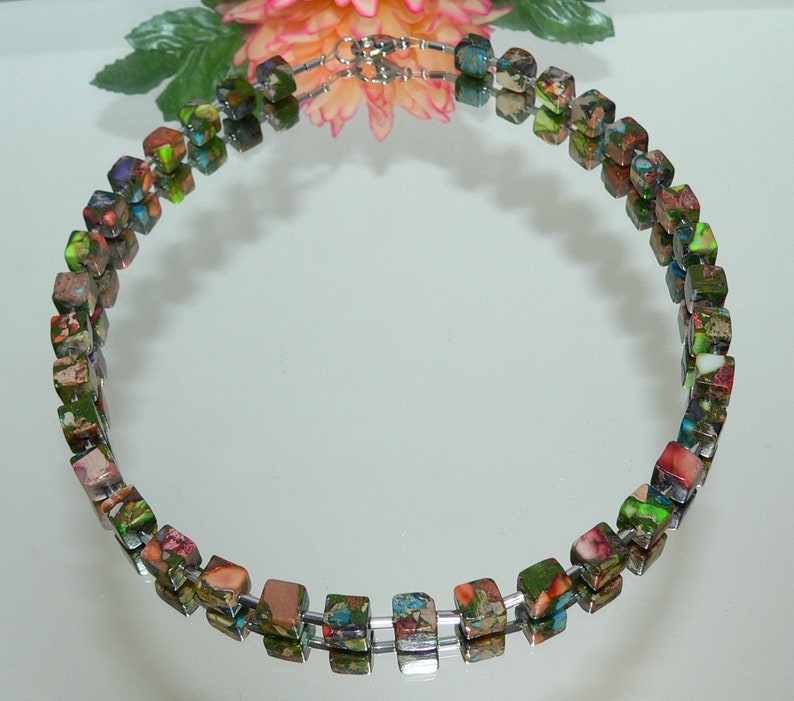 Chain, collier, chain of cubes, necklace, cube, cube, picaso jasper, hematite, multicolor, multicolored, colourful, image 1