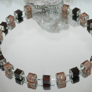 Chain, necklace, necklace, cube chain, glass cube crash, cateye cube, polaris effect cube, brown, dark brown, cream