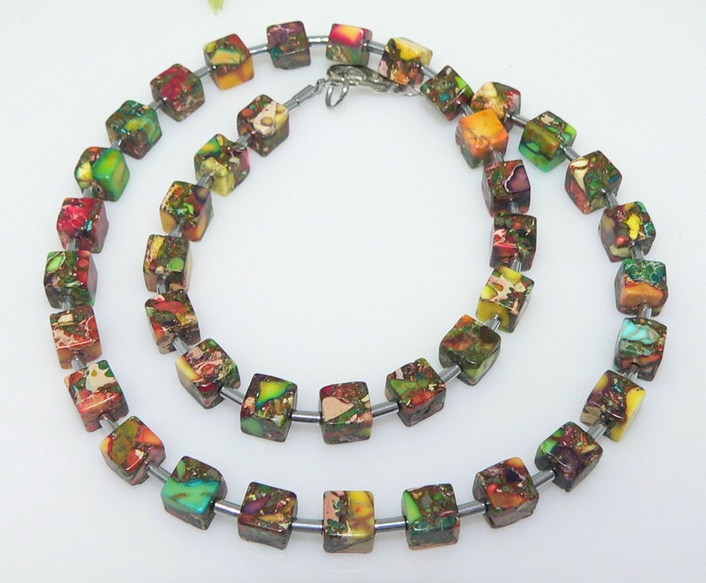 Chain, collier, chain of cubes, necklace, cube, cube, picaso jasper, hematite, multicolor, multicolored, colourful, image 8