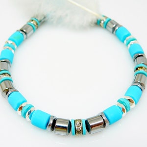 Bracelet, arm jewelry, clay rollers, discs, turquoise, hematite, rollers, silver-colored, rhinestones,