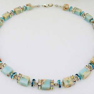 Collier, Collier, Collier Cube, Collier, Cube, Cube, Jaspe sédimentaire, multicolore, aqua, terre cuite, strass,