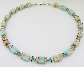 Ketting, Collier, Kubusketting, Ketting, Kubus, Kubus, Sedimentjaspis, veelkleurig, aqua, terracotta, strass-steentjes,