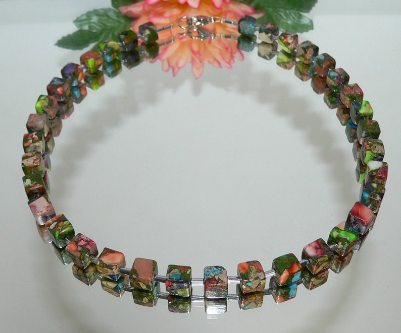 Chain, collier, chain of cubes, necklace, cube, cube, picaso jasper, hematite, multicolor, multicolored, colourful, image 5