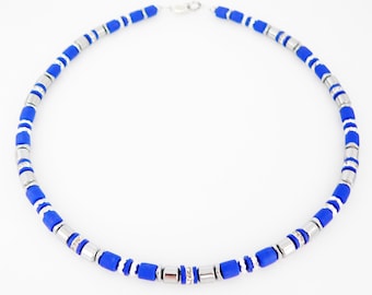 Necklace, necklace, roller chain, necklace, rollers, clay, blue, royal blue, silver-colored, hematite, glass, stass,