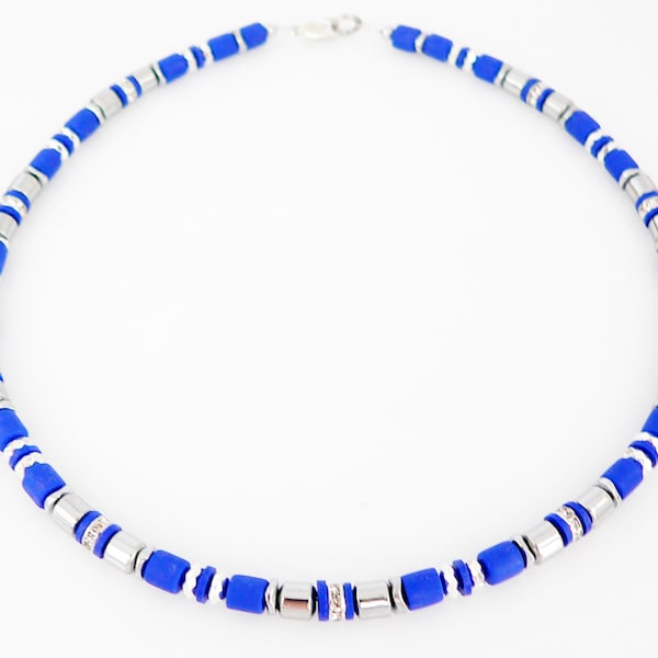 Collier, collier, chaîne à rouleaux, collier, rouleaux, argile, bleu, bleu royal, argenté, hématite, verre, stass,