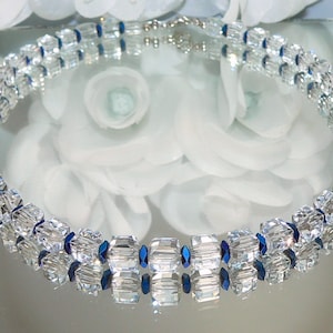 Chain, necklace, necklace, cube chain, cube, cube, crystal glass cube, hematite spacer, clear, blue, dark blue,