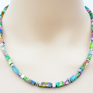 Necklace, collier, necklace, gemstone, gemstone, impression jasper, colorful, multicolored, multicolor, hematite, silver,