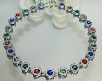 Halskette, Kette, Collier, Necklace, Hämatitringe, silber, matt, Perlen, Glas facettiert, bunt, mehrfarbig, multicolor