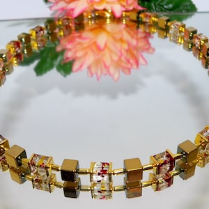 Chain, necklace, necklace, cube chain, cube, cube, necklace, hematite cube, glass cube, metal pins, clear, red, gold