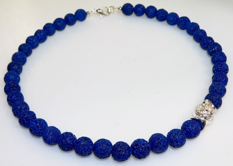 lampwork beads pearl necklace lava stones necklace dark blue blue light blue silver Chain necklace costume jewelry