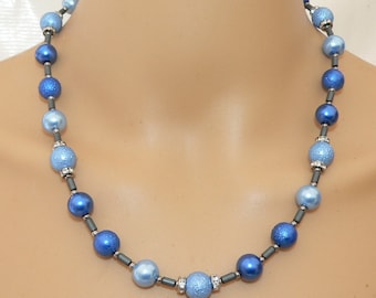 Necklace, pearl necklace, glass beads, hematite, silver, rhinestones, blue, light blue, dark blue 244