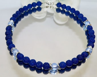 Chain, necklace, collier, pearl necklace, fashion jewellery, lava beads, lampwork beads, blue, dark blue, light blue, silver