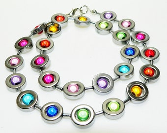 Chain, necklace, pearl necklace, hematite rings, miracle pearls, colorful, multicolored, red, yellow, green, blue, purple, multicolor