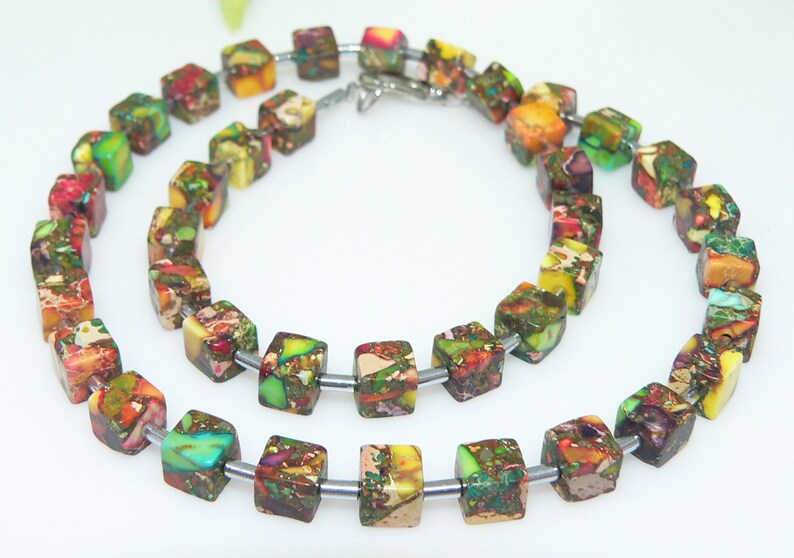 Chain, collier, chain of cubes, necklace, cube, cube, picaso jasper, hematite, multicolor, multicolored, colourful, image 7