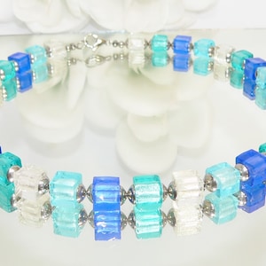 Necklace, Necklace, Necklace, Cube Necklace, Pearls, Lampwork Cube, Glass, Murano Art, White, Turquoise, Blue, Light Blue, Dark Blue