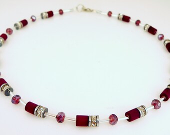 Necklace, necklace, roller chain, Polaris rollers, glass rondelle, dark red, burgundy, rhinestones