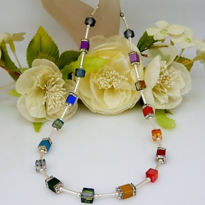 Necklace, cube chain, collier, necklace, cube, aluminum, crystal glass, red, blue, rhinestones, multicolored, colorful