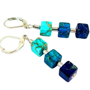 Pendientes, pendientes, pendientes, pendientes, cubos de jaspe de piedras preciosas, alfileres de hematita, azul, azul oscuro, azul claro, plata, turquesa