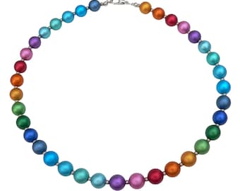 May include: A rainbow colored beaded necklace with a silver clasp.
