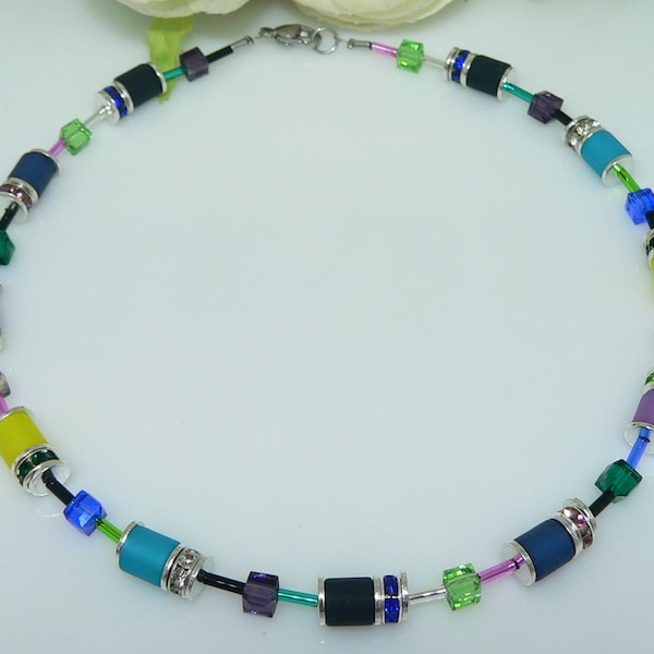 Necklace, collier, necklace, cube, glass, rollers, polaris, rhinestone, petrol, blue, lemon, lilac, multicolored,