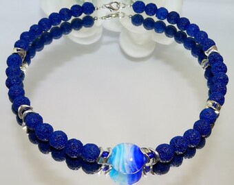 Chain, necklace, choker, pearl necklace, costume jewelry, lava beads, lamp disc, blue, dark blue, light blue, silver