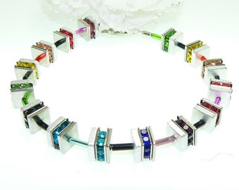 Armband, Armschmuck, Armkettchen, Bracelet, Alumunium, Strass Quadrate, mehrfarbig, bunt, multicolor, rot, grün, blau,