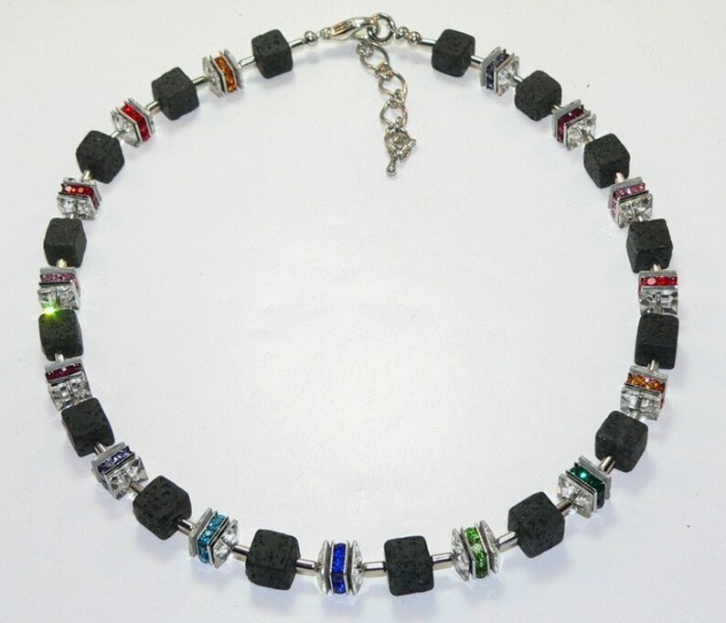 necklace red multicolor blue lava chain necklace lava cube yellow, cube necklace Chain green rhinestone square