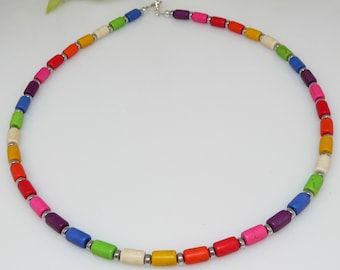 Halskette, Kette, Collier, Necklace, Walzenkette, Schmuckstein, rot, grün, blau, gelb, bunt, mehrfarbig, multicolor,