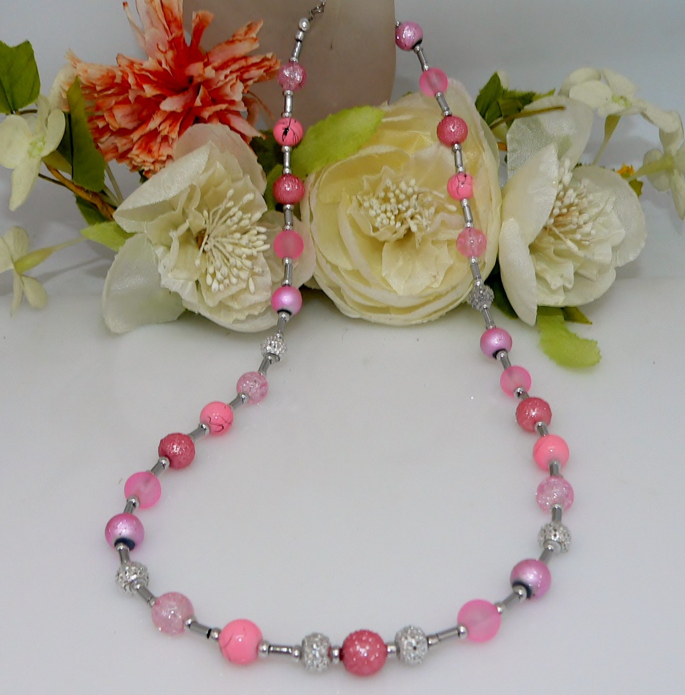 Collier Sautoir Perles Roses Facettées - Or - Mat Et Transparent - Modèle A08 - Occasion