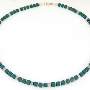 Necklace, Necklace, Cube Necklace, Necklace, Cube, Hematite, green, dark green, fir, matte, Elements, silver