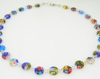 Halskette, Kette, Necklace, Perlen, flach, Scheiben, millefiori, murano art, bunt, mehrfarbig, multicolor