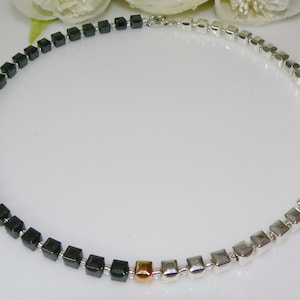 Necklace, Chain, Dice Chain, Collier, Hematite Cube, Hematine Cube, Black, Silver, Rose Gold, Glass Beads,
