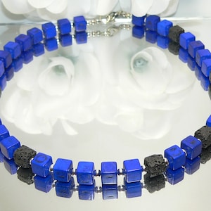 Chain, necklace, collier, cube chain, necklace, cube, cube, synth turquoise, lava cube, beads, blue, dark blue, black
