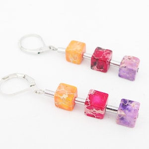 Earrings, earring studs, ear jewelry, gemstone jasper cubes, hematite pins, orange, red, purple, silver,