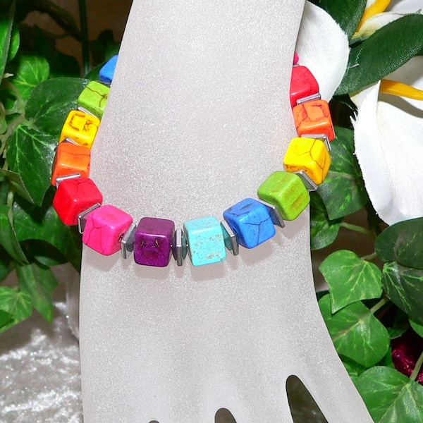 Bracelet, arm jewelry, gemstone howlite, hematite pyramids, red, green, blue, yellow, orange, purple, violet,