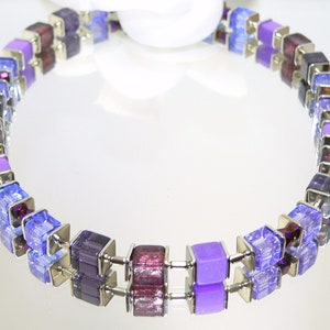 Necklace, cube necklace, glass cube, Murano Art, polaris effect cube, acrylic cube, glass beads, purple, violet, silver