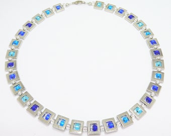 Necklace, necklace, necklace, metal frame, glass, beads, silver indent, blue, dark blue, turquoise,
