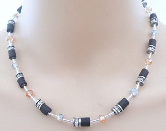 Halskette, Collier, Walzenkette, Polaris Walzen Glas Rondelle, schwarz, goldfarben, silberfarben, Strass