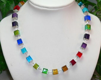 Chain, necklace, collier, cube chain, cube, glass jewelry, glass cube, crash and clear, red, blue, green, yellow, colorful