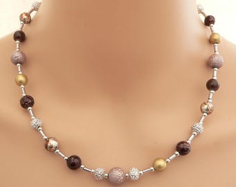 Necklace, pearl necklace, glass beads, silver, rhinestones, brown, gold, mud, 245c