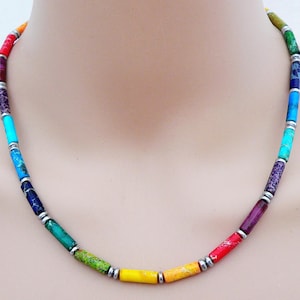 Könnte beinhalten: Eine farbenfrohe Halskette mit zylindrischen Perlen in Regenbogenfarben: Rot, Orange, Gelb, Grün, Blau und Lila. Kleine silberfarbene Metallabstandshalter trennen die Perlen. Die Halskette wird am Hals einer Person getragen.