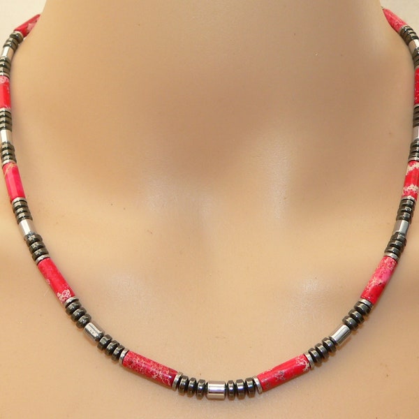 Collana, Collana, Collana, Impressioni Jasper, rosso, Ematite, argento, nero,