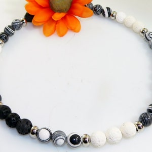 Chain, necklace, necklace, pearl necklace, synth malachite, foam coral, lava, stainless steel beads, black, white, silver,