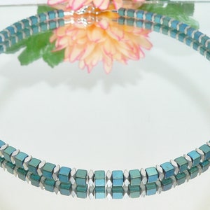 Chain, necklace, collier, cube chain, hematite cube, hematite spacer, silver, grey, petrol, blue, green