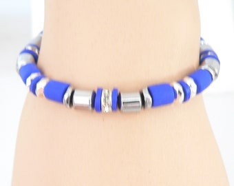 Armband, Armschmuck, Clay Walzen, Scheiben, blau, royalblau, dunkelblau, Hämatit, Walzen, silberfarben, Strass,