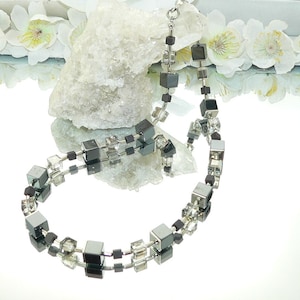 Necklace, necklace, cube necklace, cube, necklace, hematite cube, crystal glass cube, metal plate, silver, gray, black, clear
