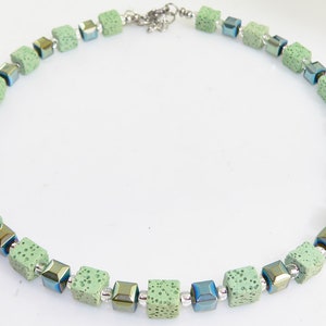 Chain, necklace, cube chain, cube, lava, hematite, shiny, green, light green, mint, petrol,